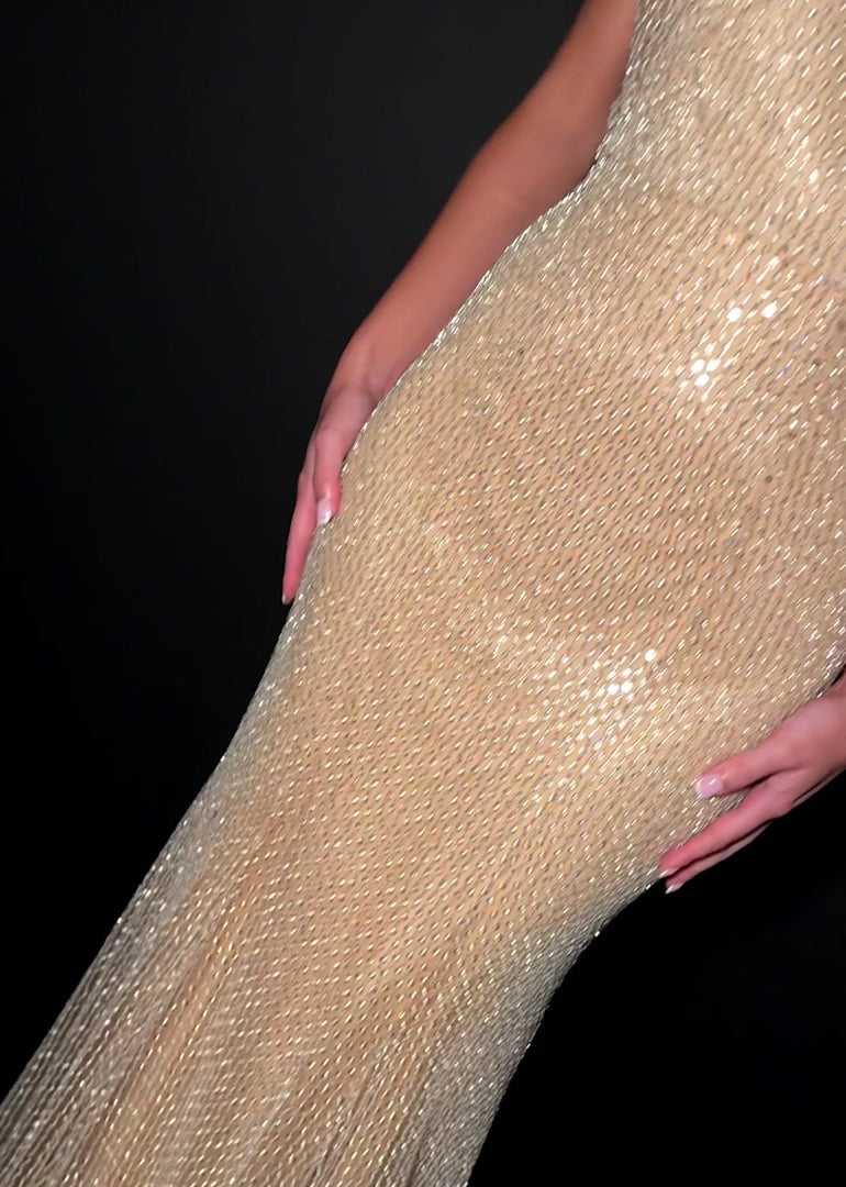 Beaded Gown with Halter Neckline