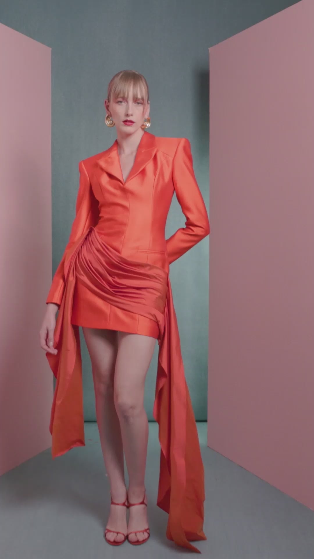 Draped Mikado and Taffeta Vibrant Orange Jacket Dress