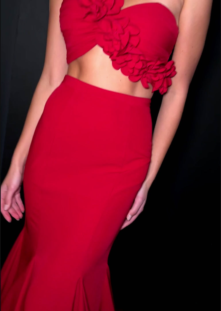 Two Piece Jersey Gown with Flower Accents
