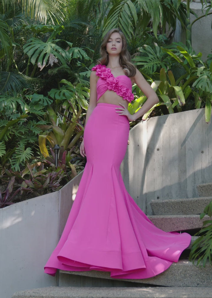 Two Piece Jersey Gown with Flower Accents