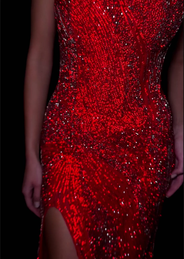 Strapless Fully Beaded Gown with Collar