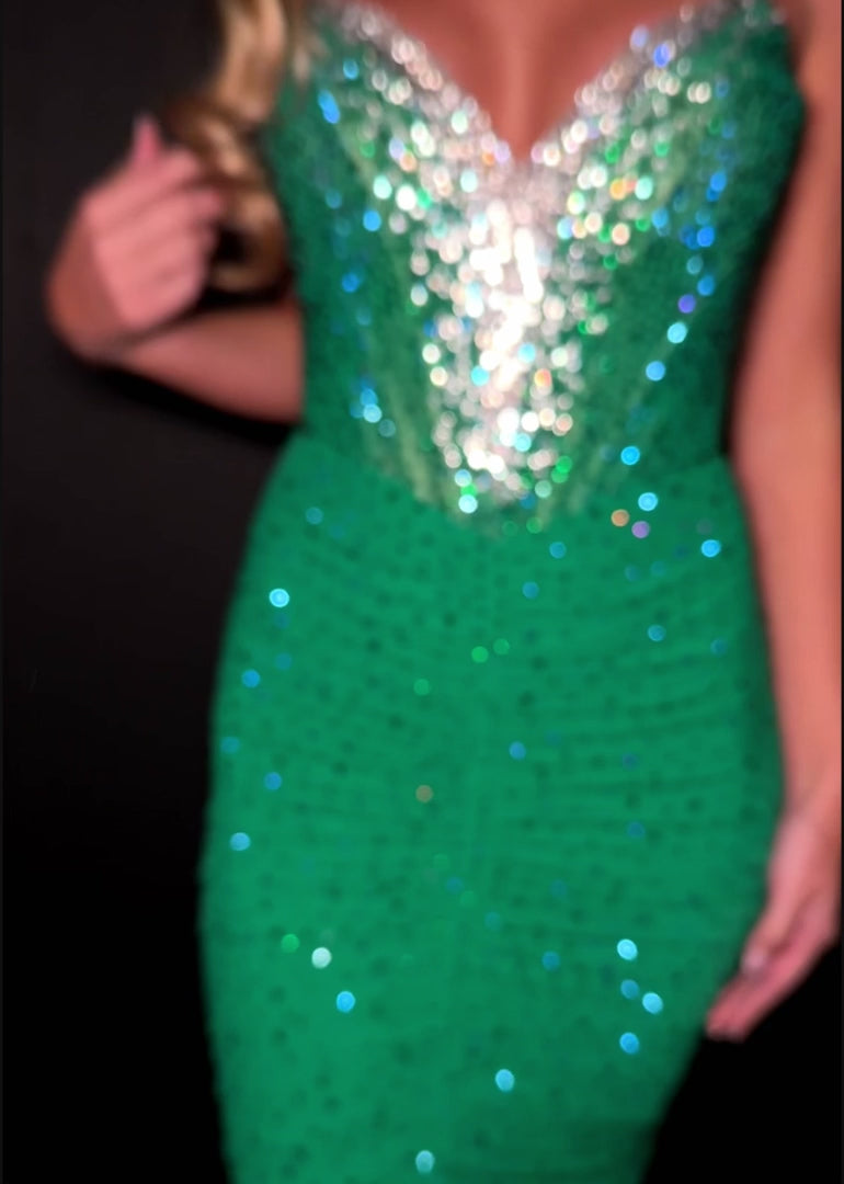 Spaghetti Strap Gown with V Neckline & Press On Stones