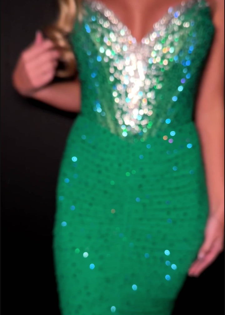 Spaghetti Strap Gown with V Neckline & Press On Stones