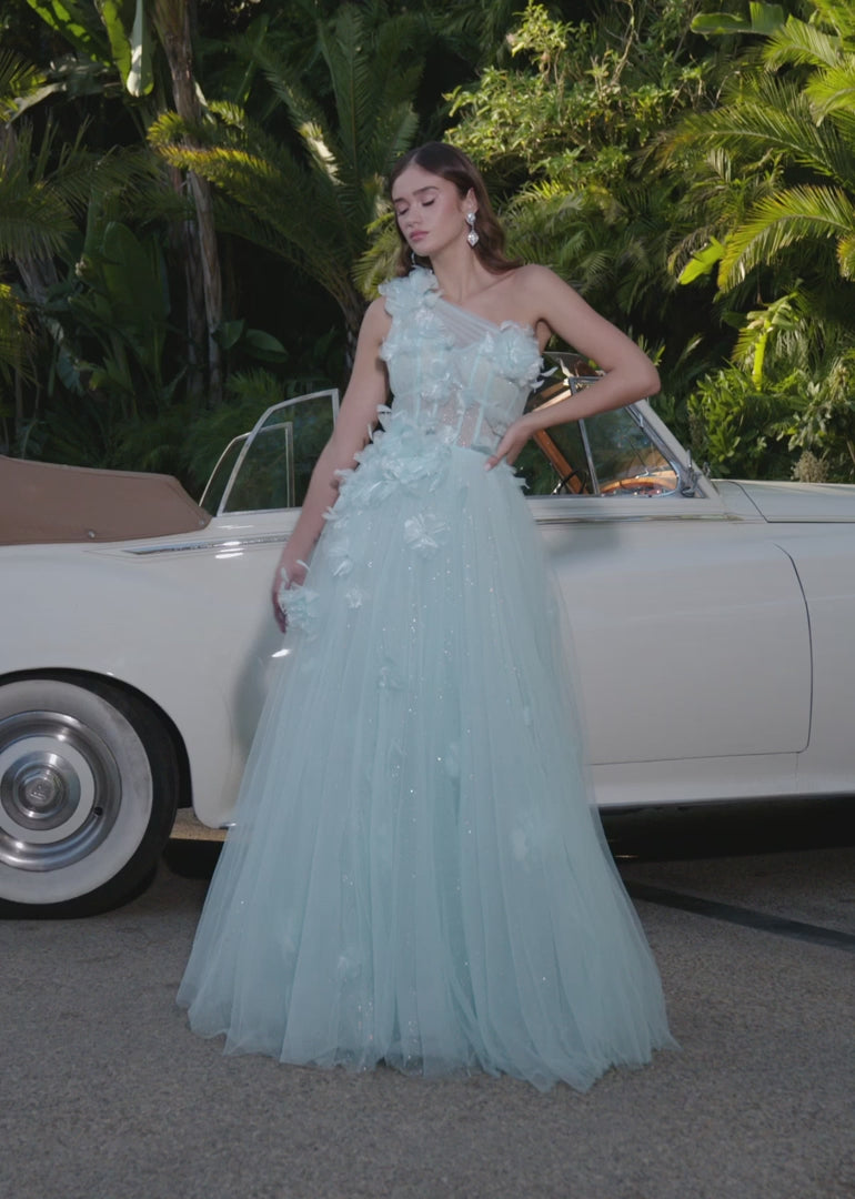 One Shoulder Tulle Ball Gown with Floral Accents