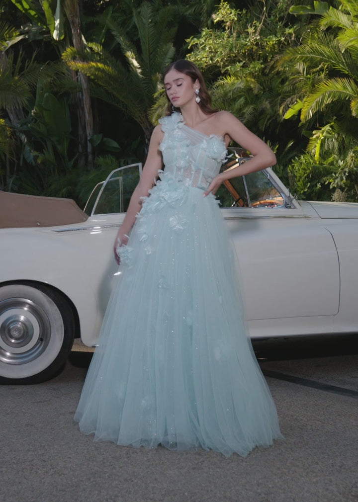 One Shoulder Tulle Ball Gown with Floral Accents