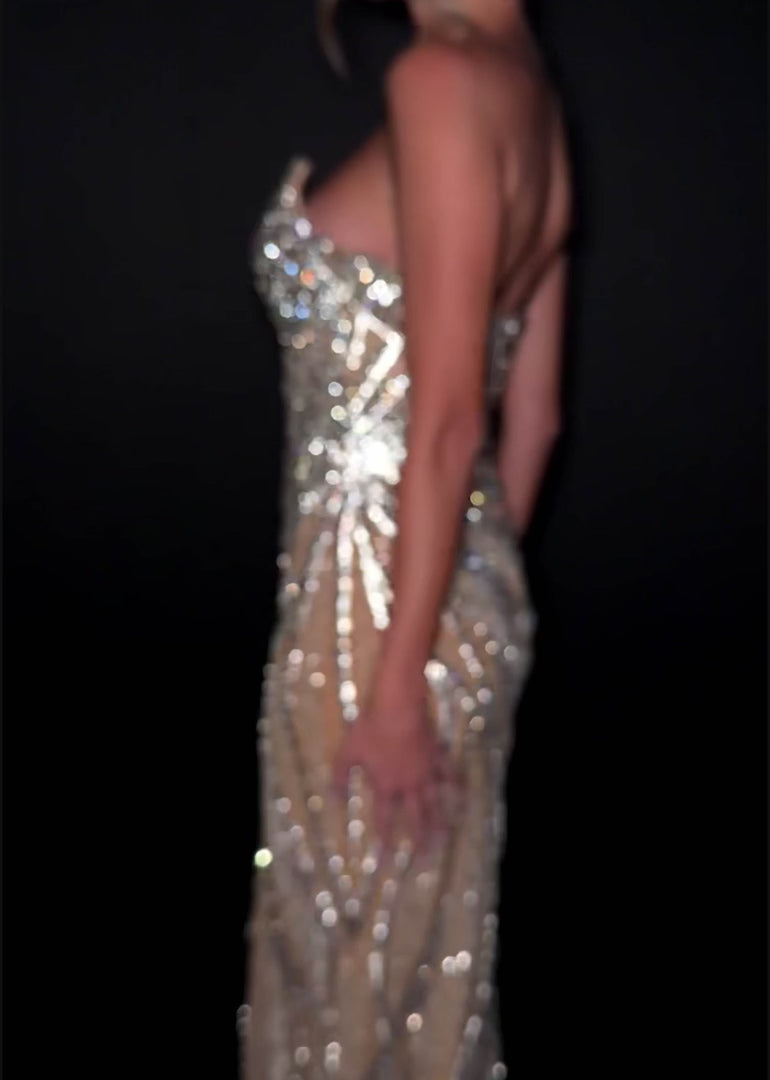 Fully Beaded Gown with Sweetheart Neckline & Slit