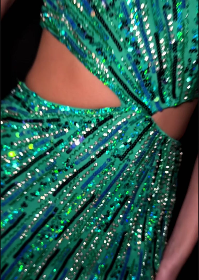 One Shoulder Beaded Gown with Cut Outs