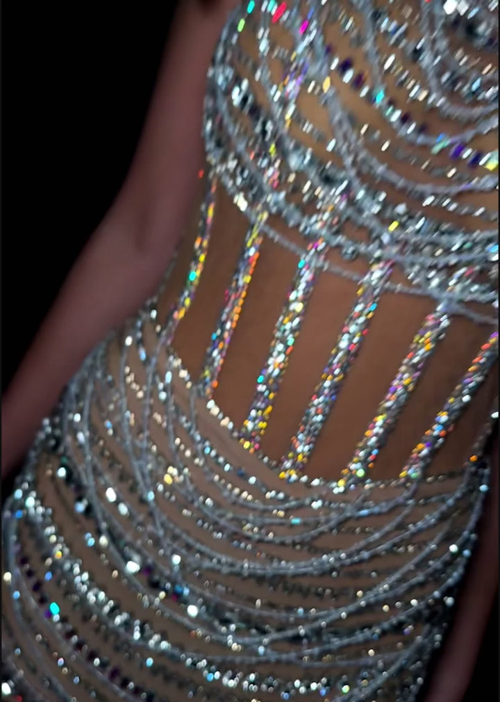 Fully Beaded Crystal Gown with Halter Neckline
