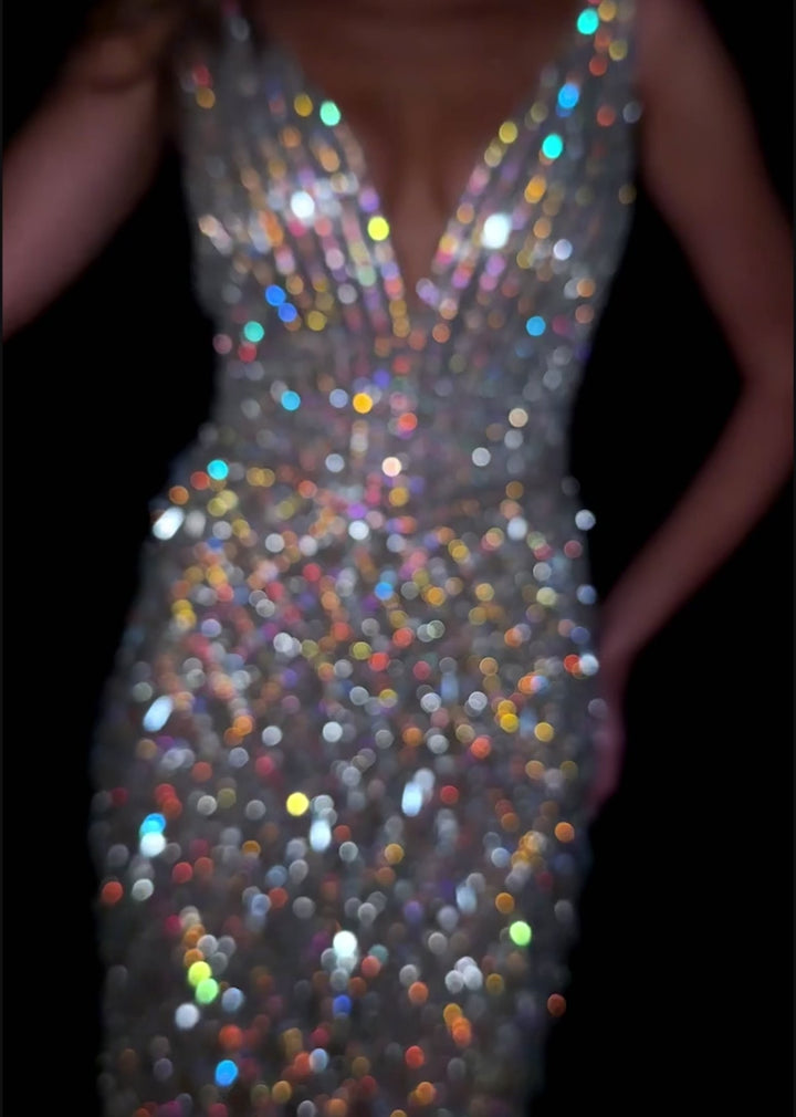 Fully Beaded Crystal Gown with Fringe