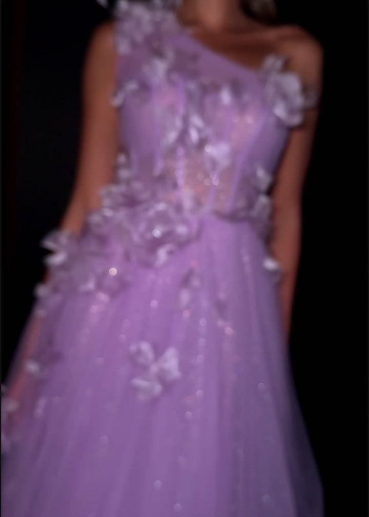 One Shoulder Tulle Ball Gown with Floral Accents