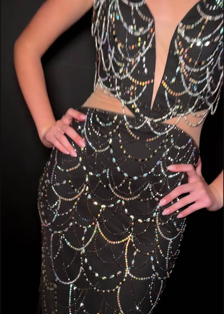 Spaghetti Strap Gown with Cut Outs & Beaded Accents