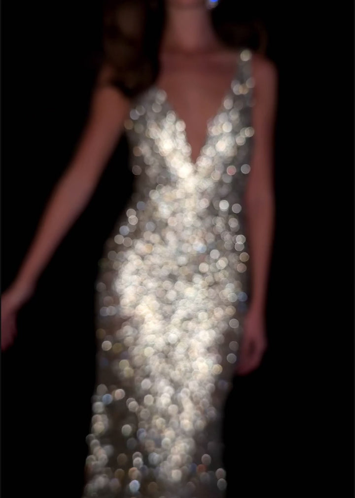 Fully Beaded Gown with V-Neckline