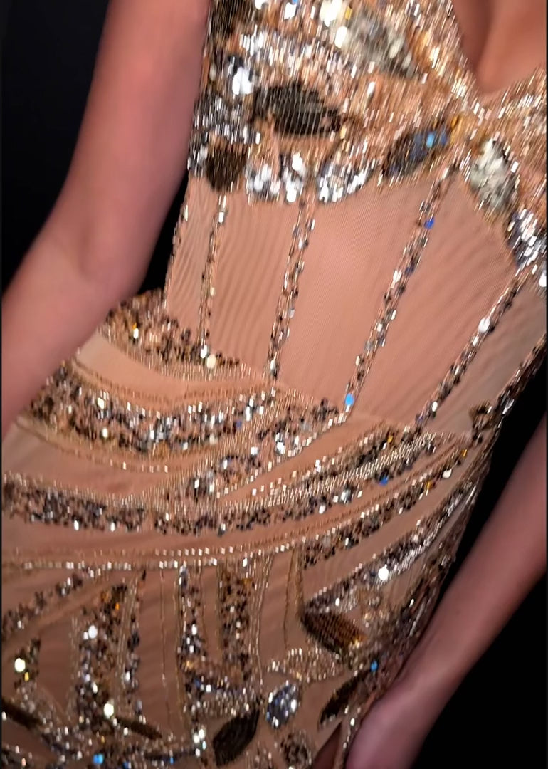 Fully Beaded Gown with Corset Bustier & Sweetheart Neckline