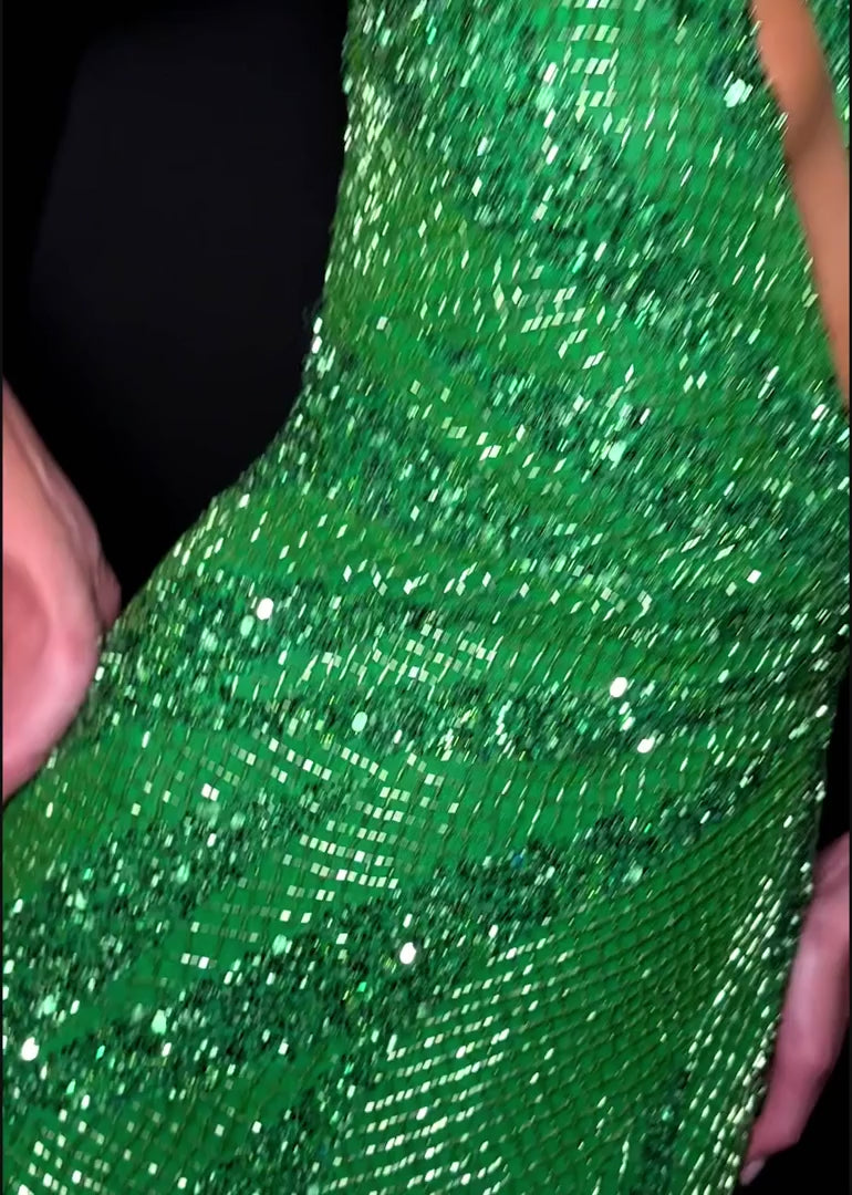 One Shoulder Beaded Gown with Slit
