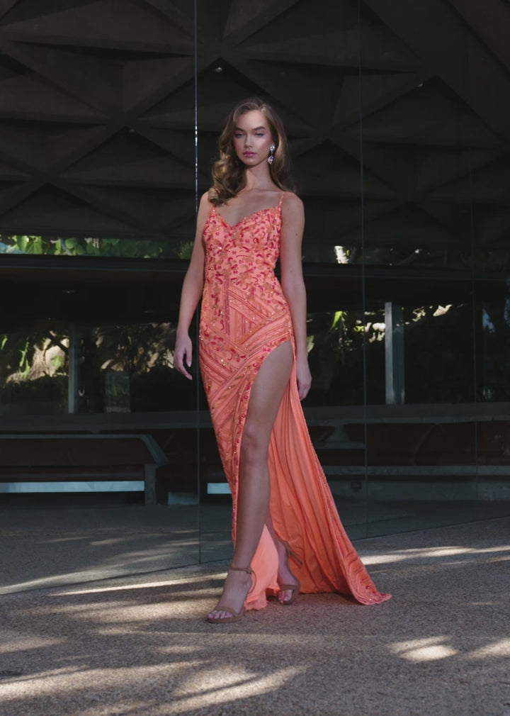 Fully Beaded Gown with Spaghetti Straps & Slit