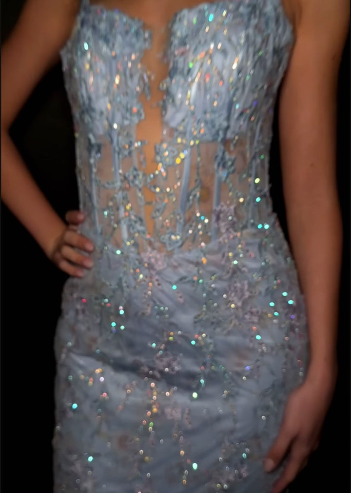 Spaghetti Strap Tulle Gown with Corset Bustier & Lace Up Back