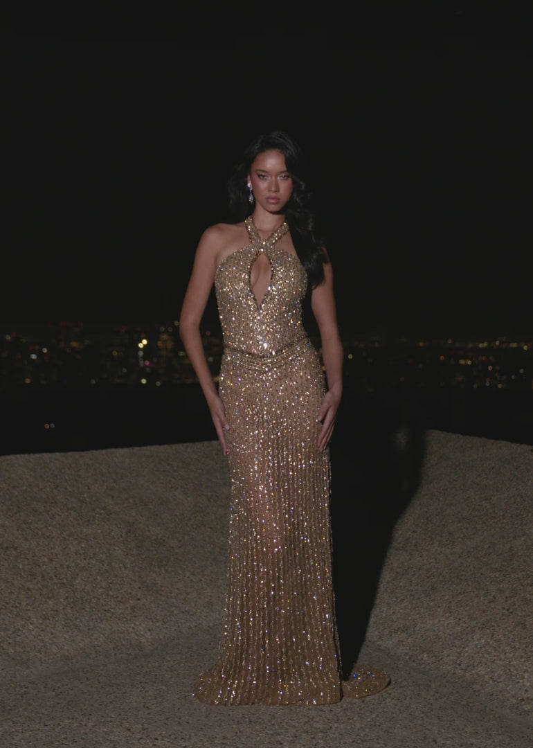 Fully Beaded Gown with Halter Neckline