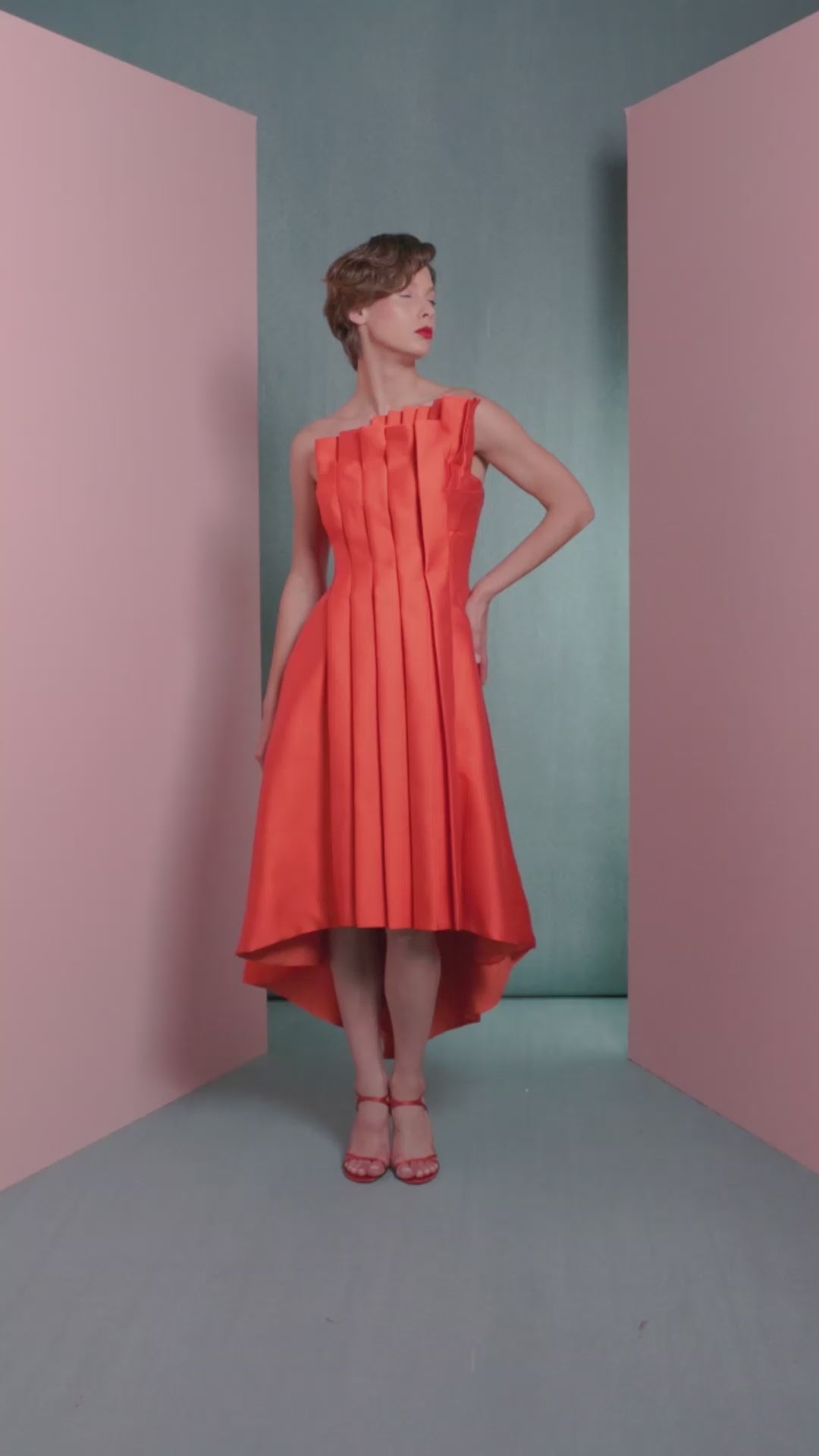 Vibrant Orange Mikado Piqué Dress with Structured Pleats