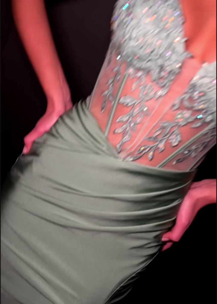 Jersey Gown with Corset Bustier & Floral Applique