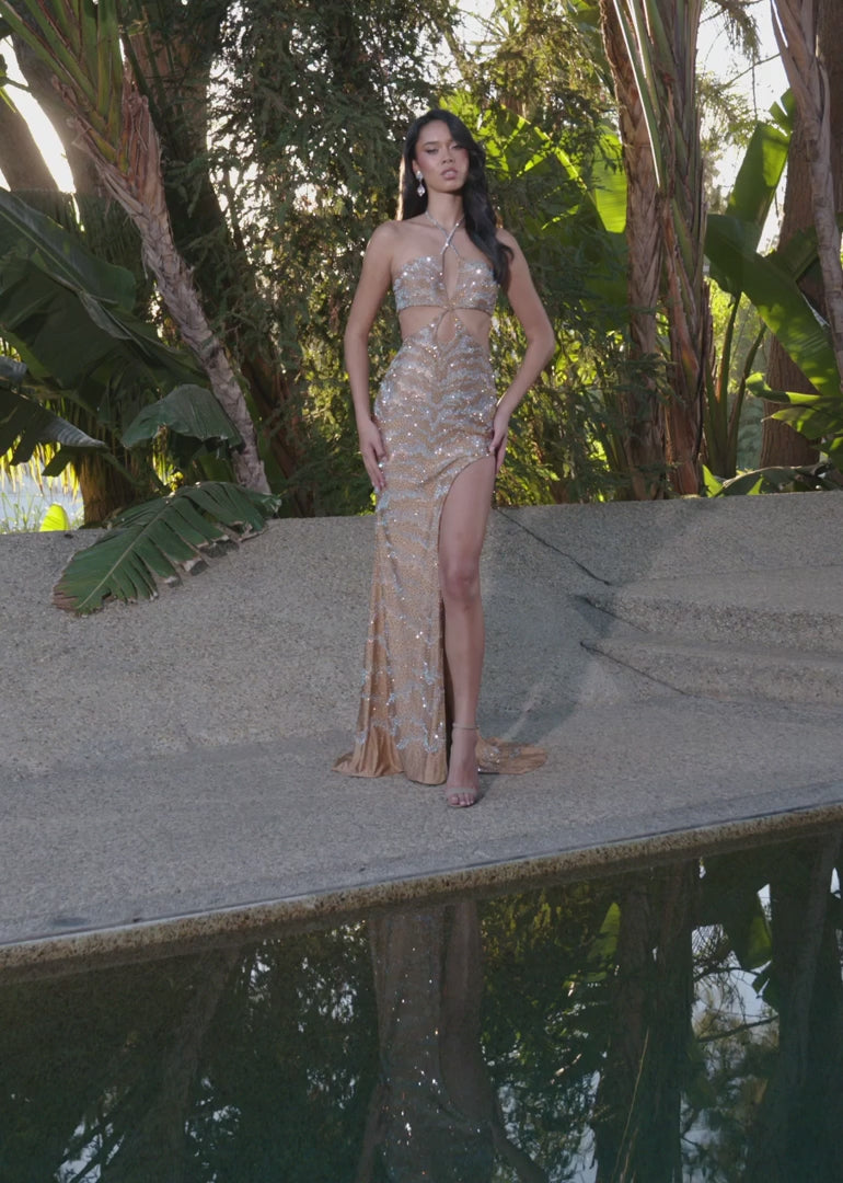Jersey Gown with Halter Neckline & Cut Outs