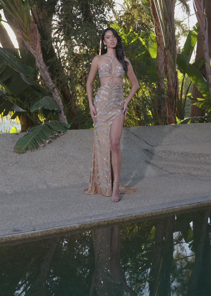 Jersey Gown with Halter Neckline & Cut Outs