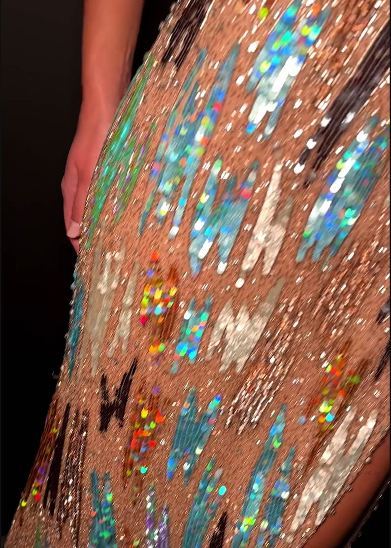 Fully Beaded Gown with Halter Neckline & Open Back