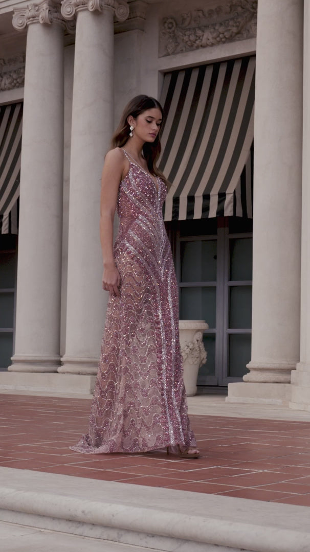V-Neckline Fully Beaded Crystal Gown
