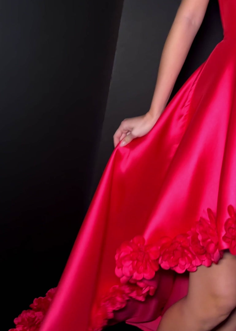 Strapless Rose Adorned High Low Gown