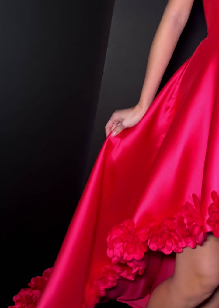 Strapless Rose Adorned High Low Gown
