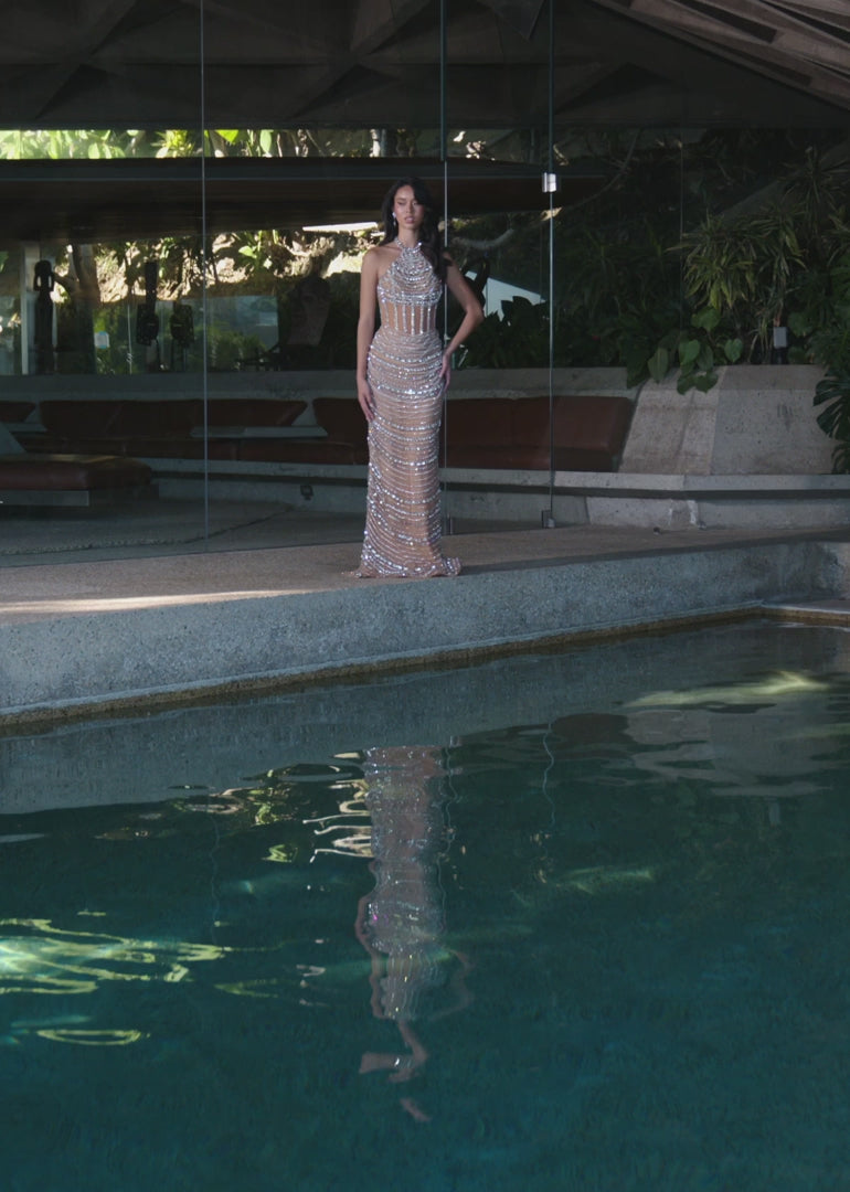 Fully Beaded Crystal Gown with Halter Neckline