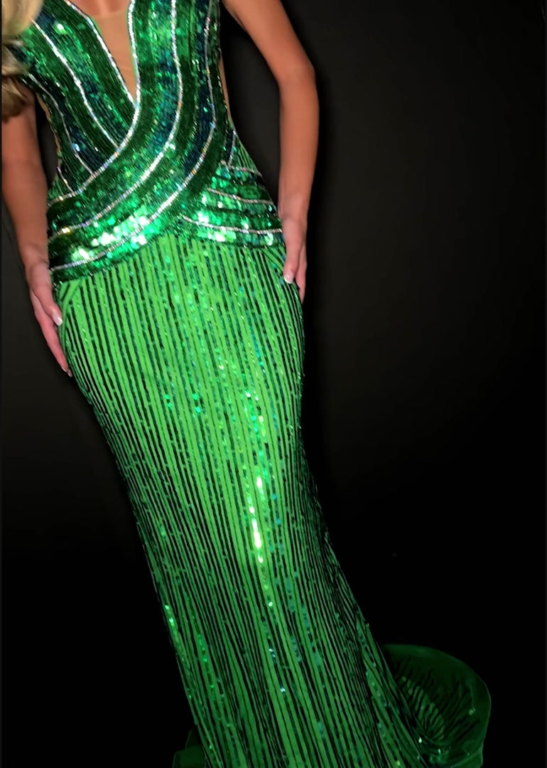 Fully Beaded Gown with V-Neckline & V-Back