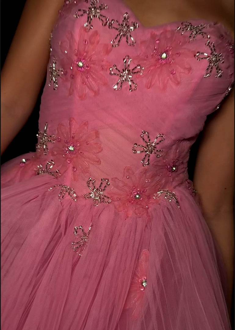 Strapless Pleated Tulle Ball Gown With Center Slit