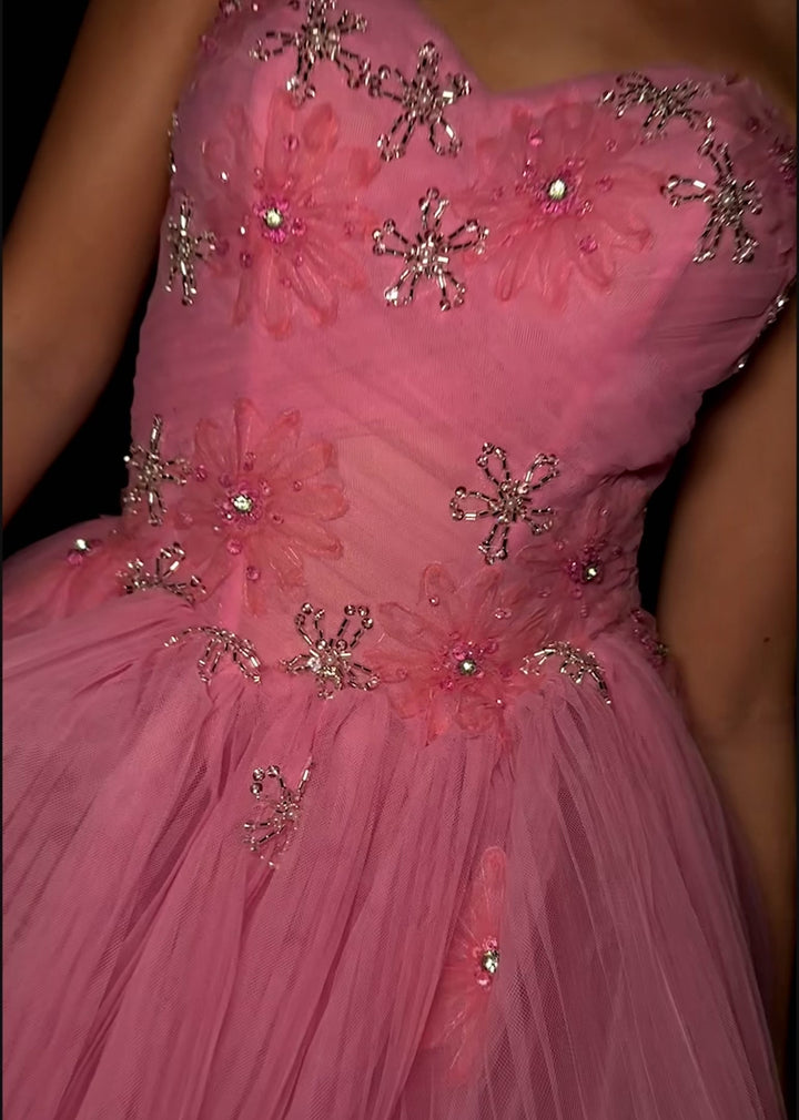 Strapless Pleated Tulle Ball Gown With Center Slit