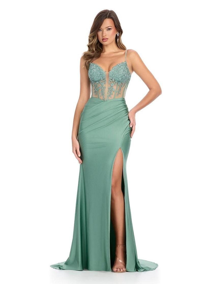 Jersey Gown with Corset Bustier & Floral Applique