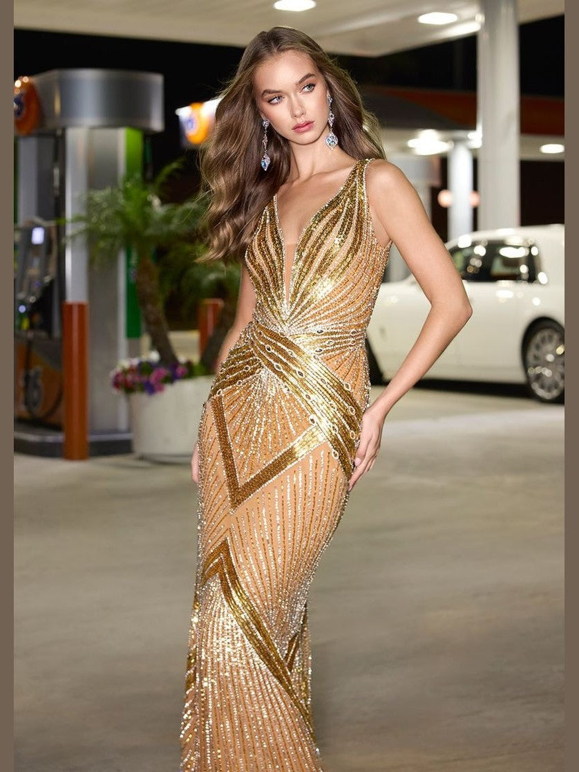 Fully Beaded V-Neckline Gown