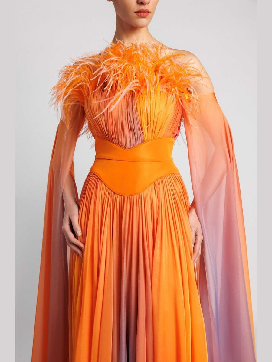 Pleated Off-the-Shoulder Evening Dress with Cape Sleeves and Feathers