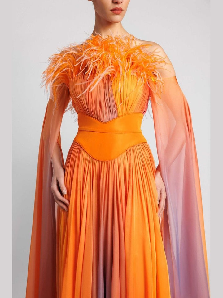 Pleated Off-the-Shoulder Evening Dress with Cape Sleeves and Feathers