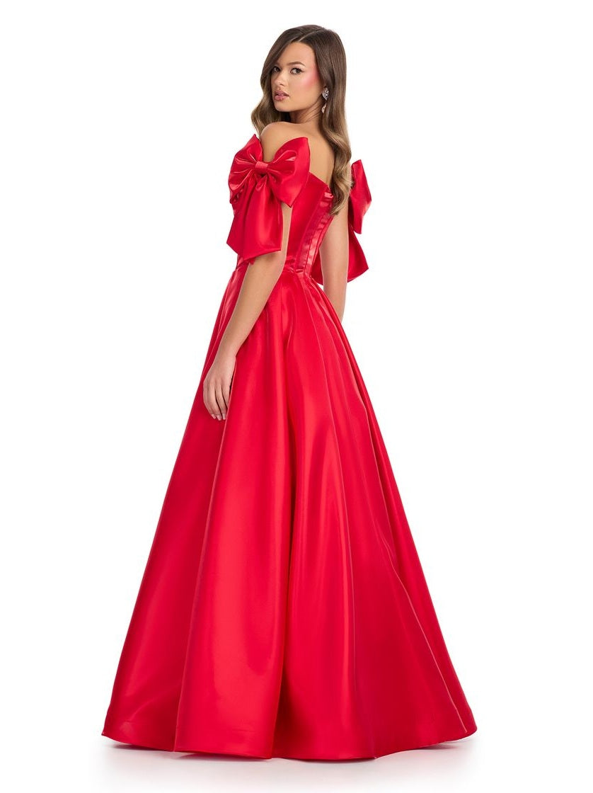 Satin A-Line Gown with Corset Bustier & Off Shoulder Bows