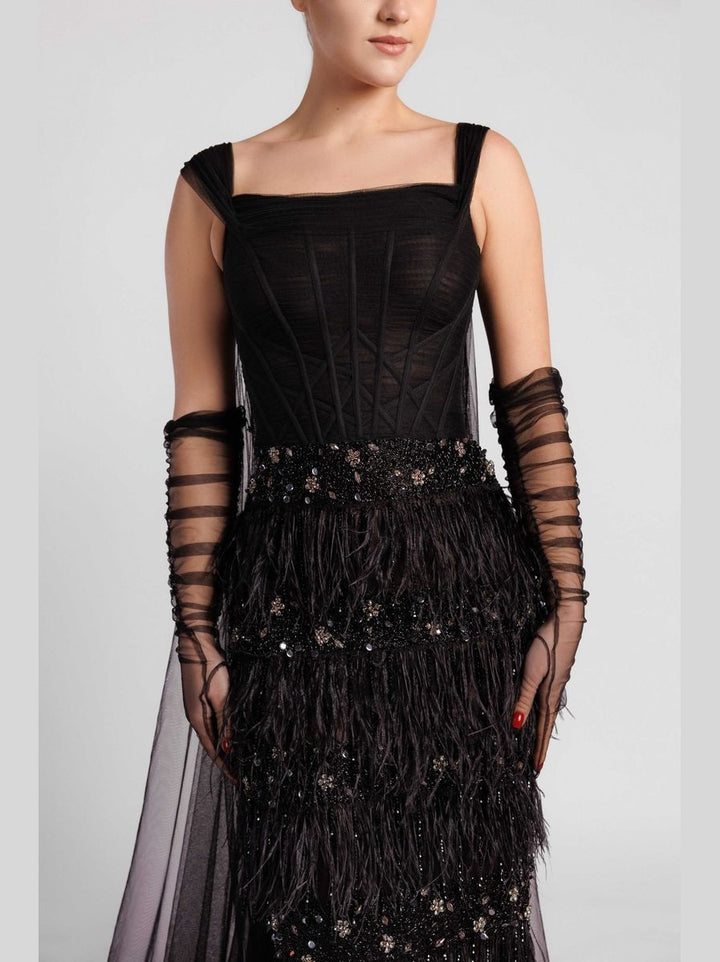 Sleeveless Evening Dress with Embroidered Corset Bodice