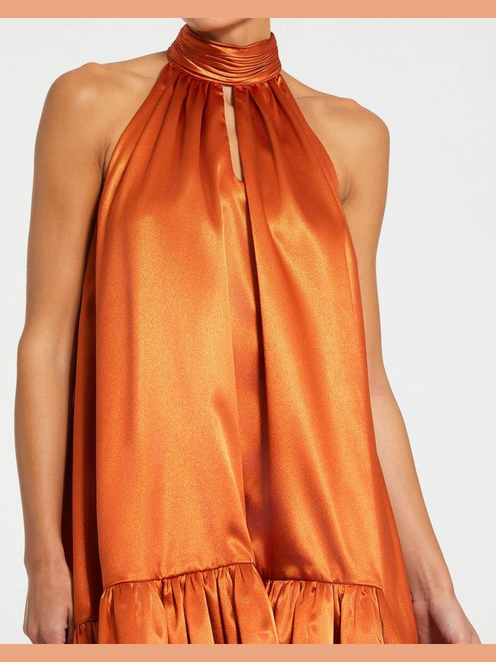 Orange High Neck Satin Mini Dress With Keyhole