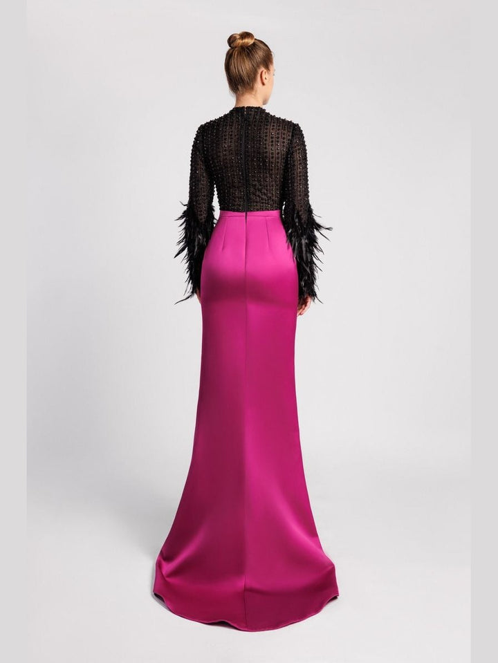 Jewel Neck Mermaid Evening Dress with Crystal and Feather Details