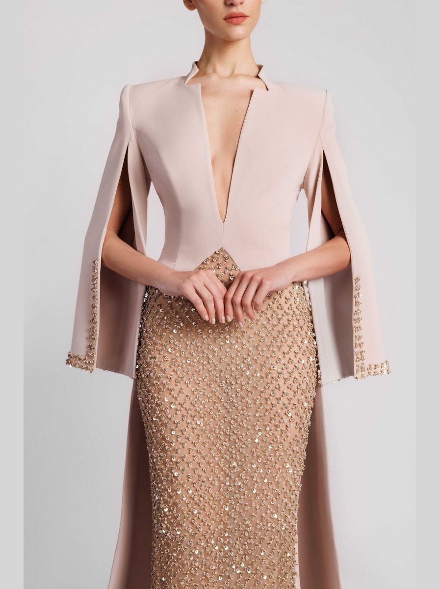 Embroidered Skirt Evening Dress with Cape Sleeves