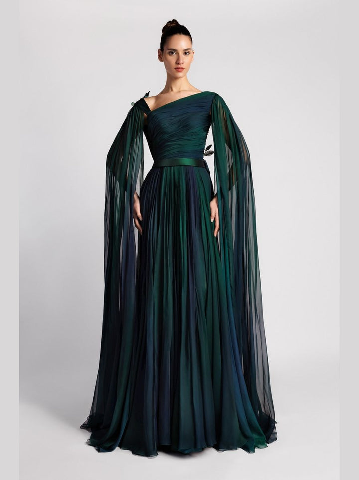 Asymmetric A-Line Dress with Cape Sleeves and Embroidered Tulle Back