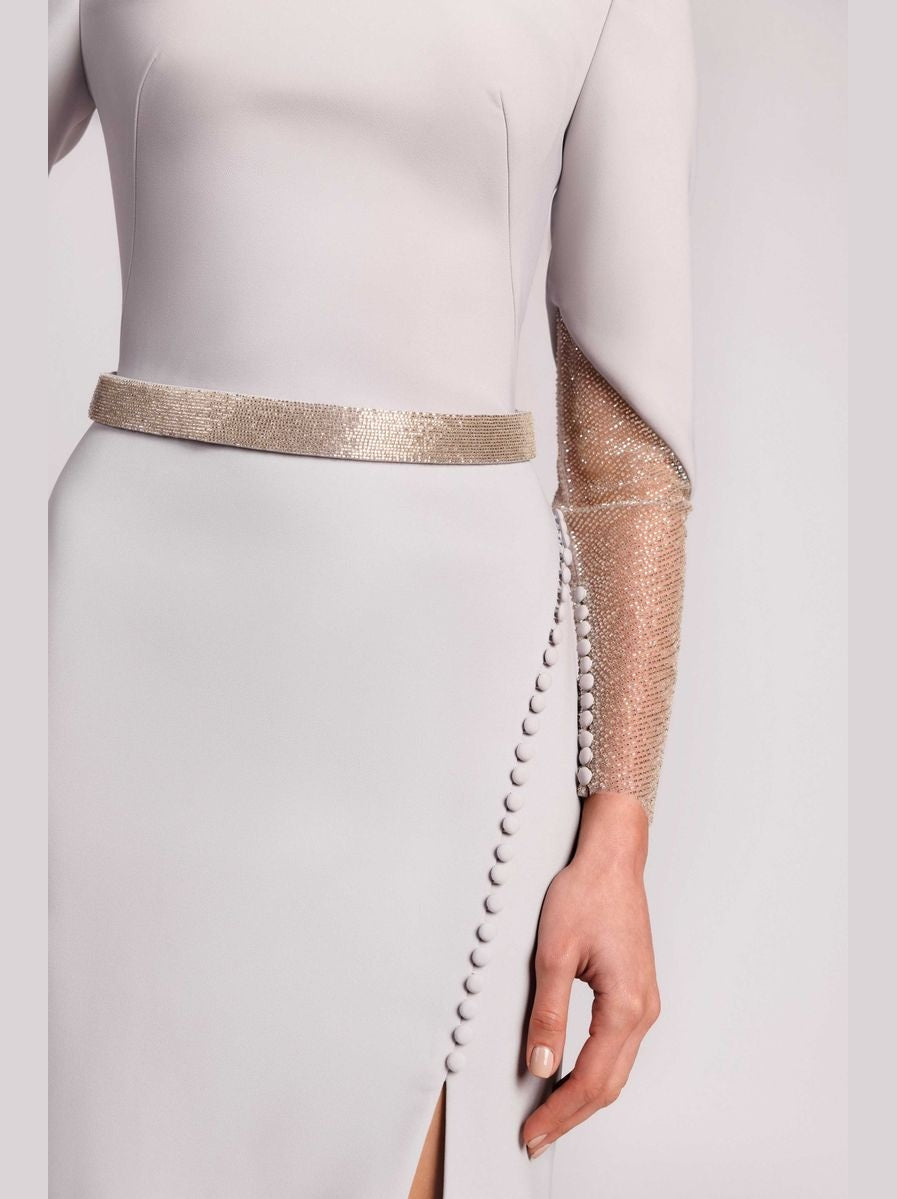 Mermaid Evening Dress with Embroidered Sleeves and Asymmetric Slit