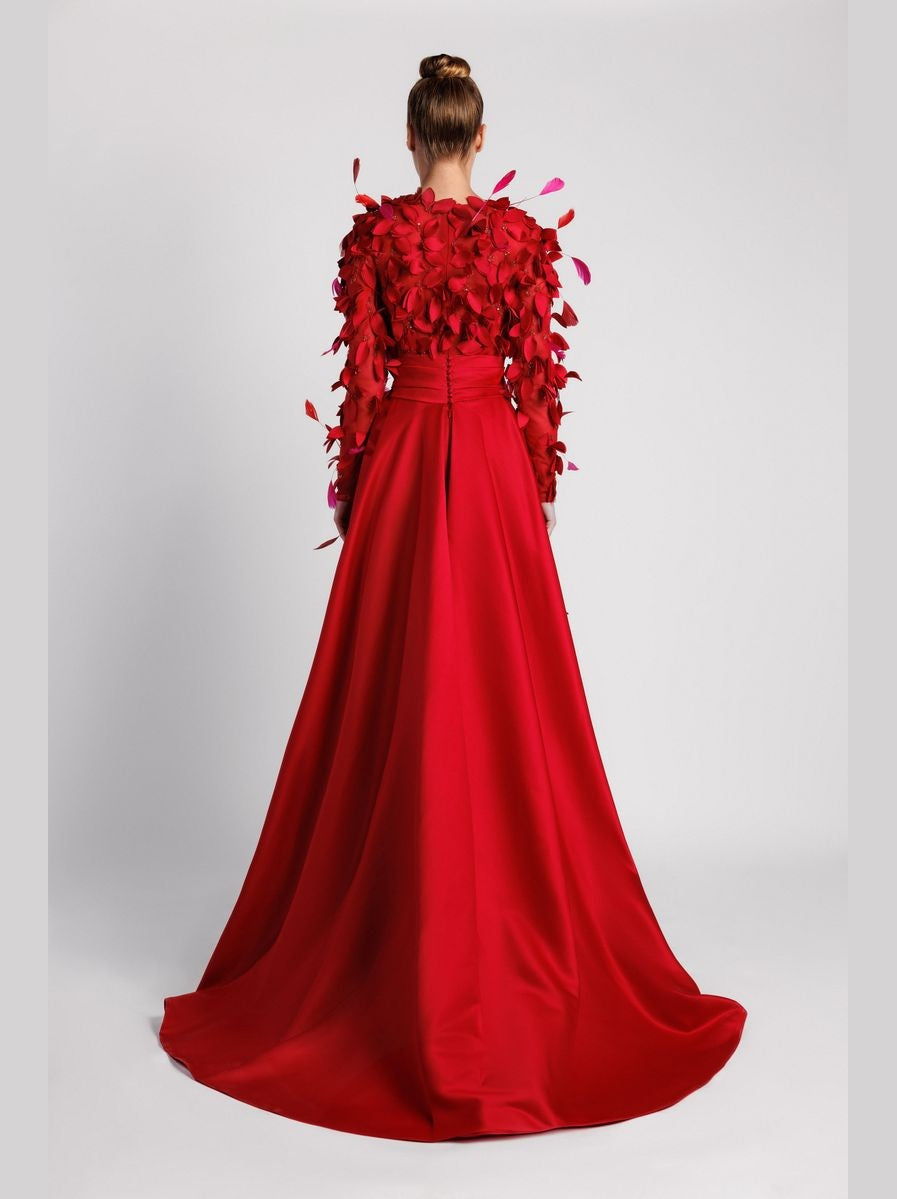 Embroidered Evening Dress with Waist Belt and Flowing Overskirt