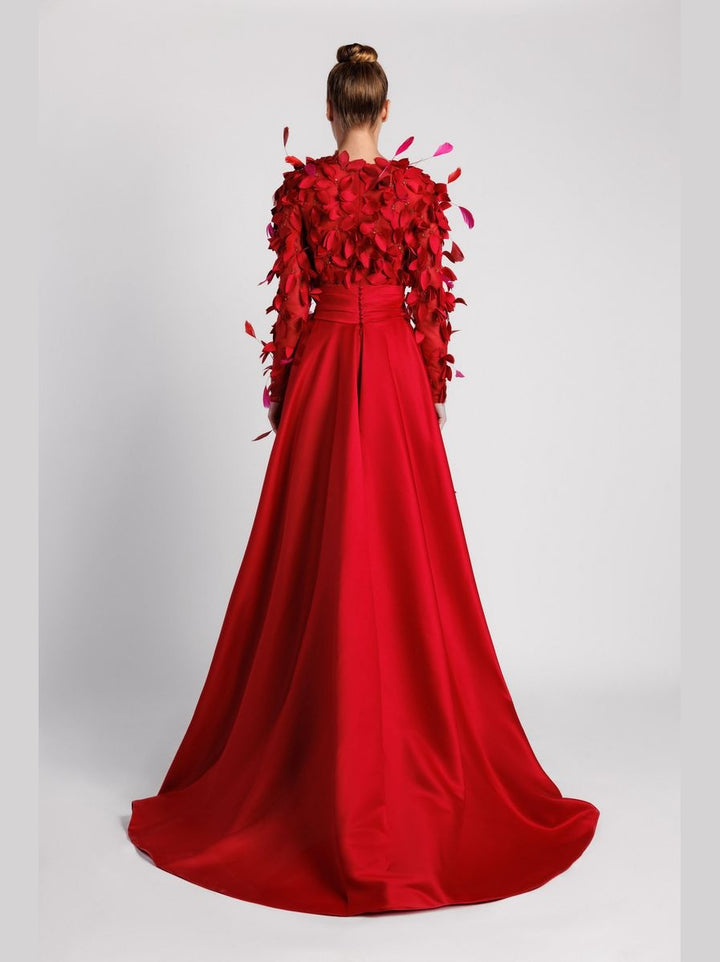 Embroidered Evening Dress with Waist Belt and Flowing Overskirt