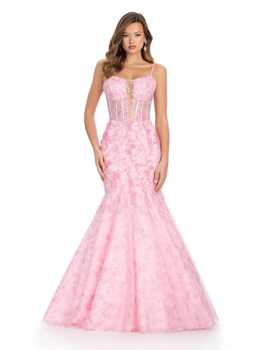 Spaghetti Strap Tulle Gown with Corset Bustier & Lace Up Back