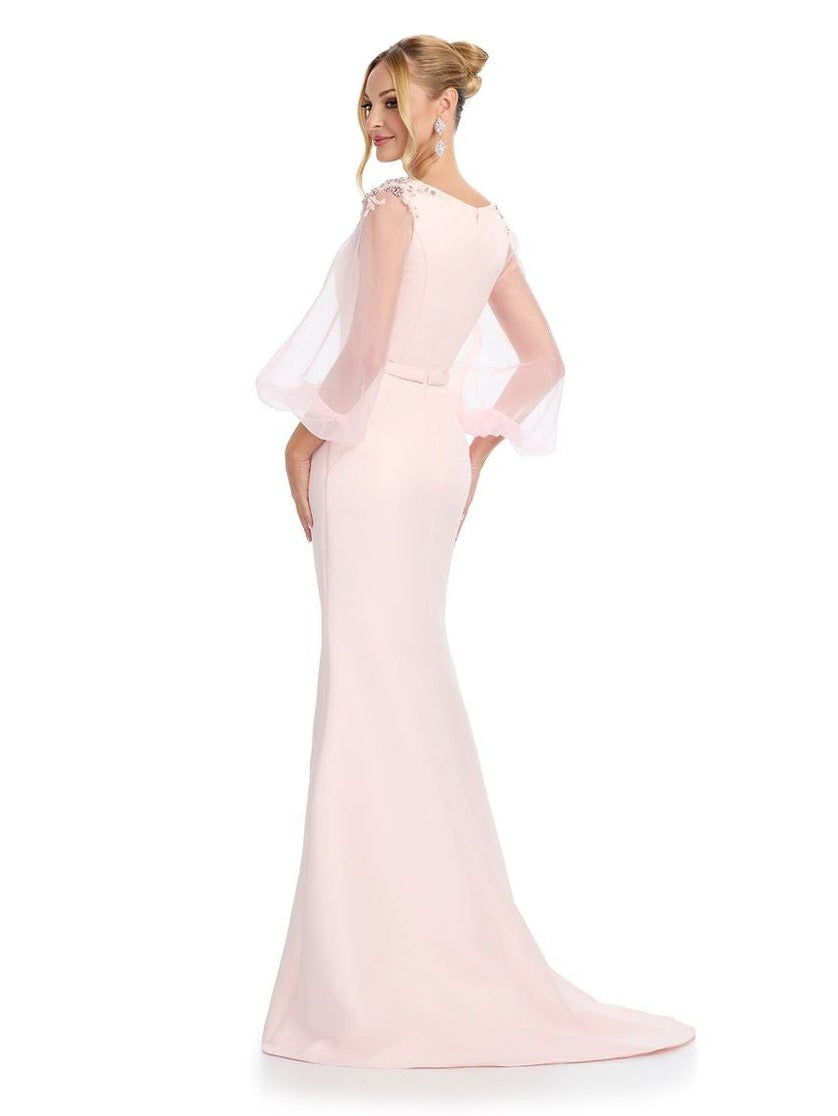 Fitted Satin Gown with High Neck & Oranza Sleeves