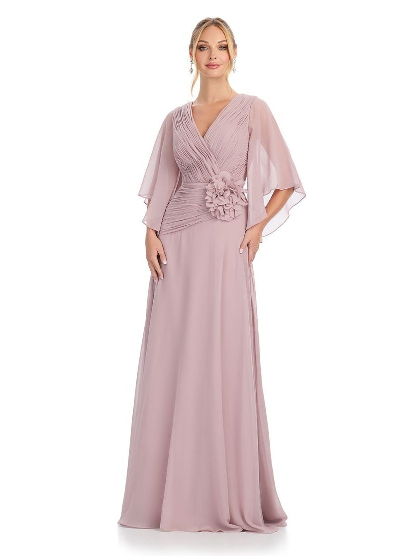 Chiffon Gown with Cape Sleeves & V Neckline