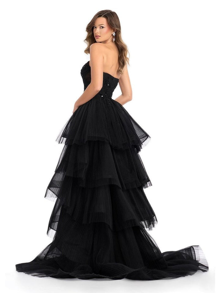 Strapless Pleated Tulle Ball Gown With Center Slit